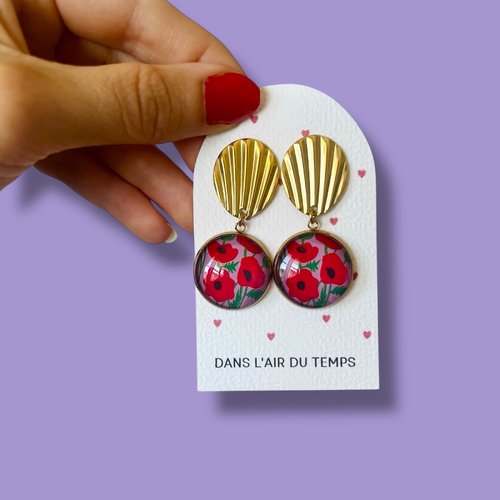 Boucles d'oreilles coquelicots rouges sur fond rose