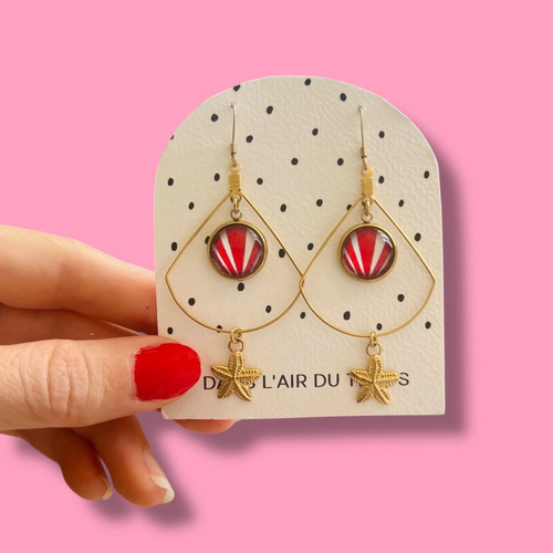 Boucles d'oreilles rayures rouges et blanches, acier inoxydable doré