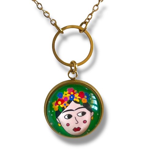 Collier frida kahlo, acier inoxydable doré ou argenté cabochon verre