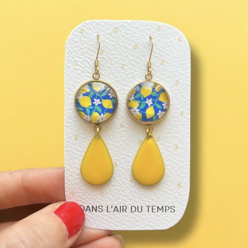 Boucles d'oreilles citrons fond bleu, email jaune
