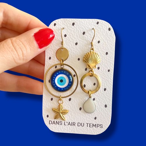 Boucles d'oreilles asymétriques yeux, anneaux, été, motif oeil, evil eye, porte bonheur,