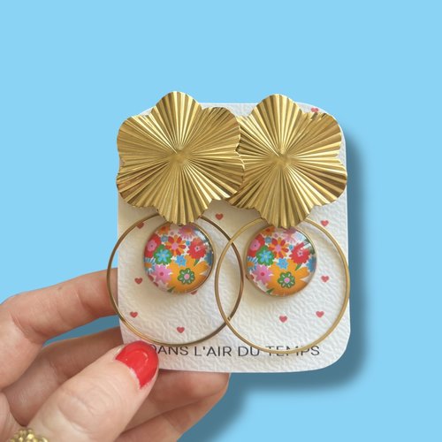 Grandes boucles d'oreilles acier inoxydable doré, boucles fleurs multicolores style seventies