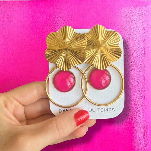 Grandes boucles d'oreilles acier inoxydable doré, rose fluo