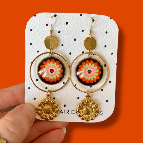Grandes boucles d'oreilles acier inoxydable doré, boucles fleur orange et noire