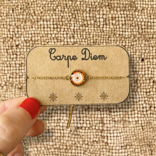 Bracelet acier inoxydable fleur orange et noire, carpe diem, mandala