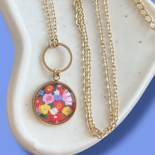 Collier fleurs liberty multicolores sur fond vert, bohème, acier inoxydable doré, cabochon verre