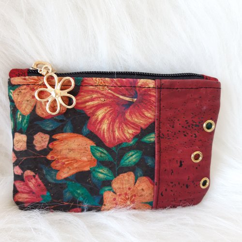 Porte-monnaie en liège bordeaux et fleuri, modèle woodlet de l'atelier ophéa
