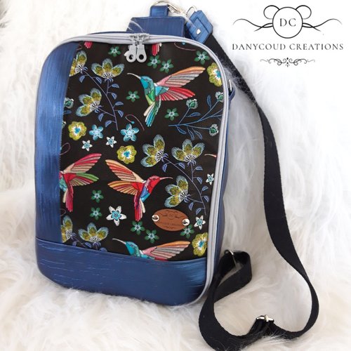 Sac à dos ou porté épaule simili bleu et colibris, modèle pandora