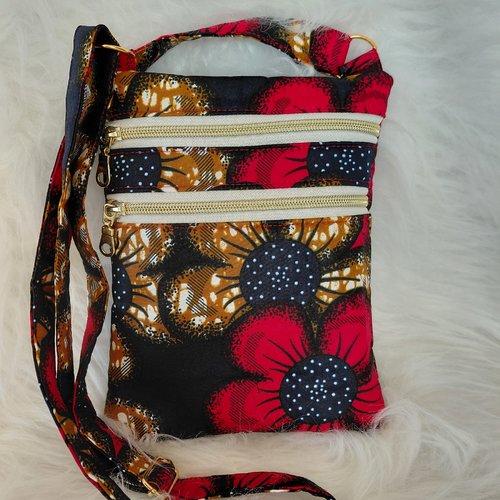 Pochette à 2 fermetures, bandoulière règlable, en coton fleuri, modèle zip and go