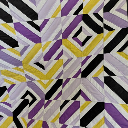 Patchwowrk, courtepointe, plaid géométrique, en blanc,noir, violet et jaune