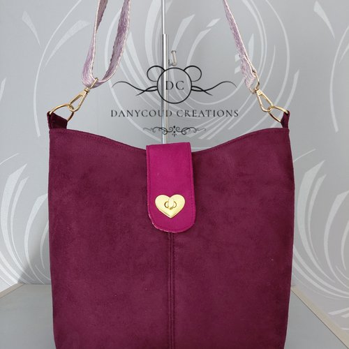 Sac à main bandoulière en simili daim aubergine et fuschia, designer sencer ogg
