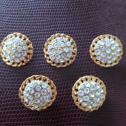 Lot de 5 boutons couture métal doré et strass, diamètre 22 mm