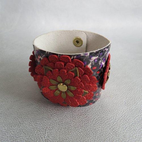 Bracelet manchette cuir multicolore à fleurs corail métalliser....