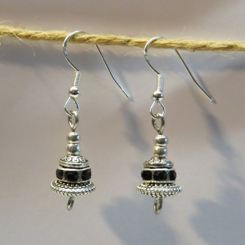 Boucles d'oreille crochet en argent 925, perles d'espacement noir strass cristal verre .