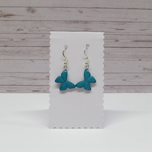 Boucles d'oreille crochet en argent 925,papillon cuir bleu.