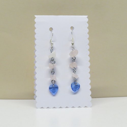Boucles d'oreille crochet en argent 925,perles chips quartz rose perle feuille bleu.