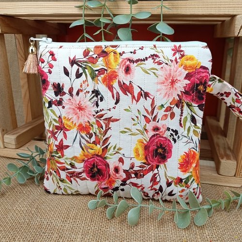 Trousse matelassée - trousse plate - fleurs jaune orange