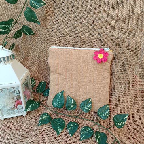 Trousse plate matelassée- trousse- double gaze de coton- beige