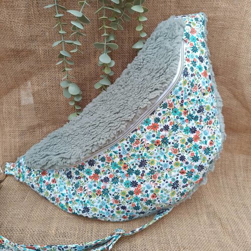 Sac banane xxl- sac banane femme- sherpa bleu gris- fleurs