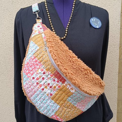 Sac banane xxl- sac banane femme- mode femme- sherpa caramel- patchwork
