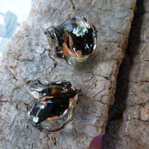 2 perles verre murano 15 mm forme chip's noir et bronze