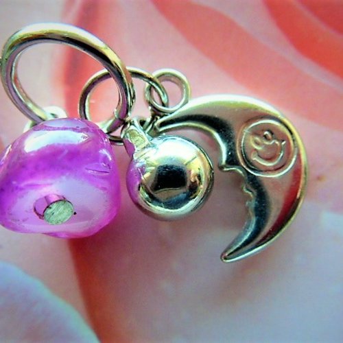 Breloque 3 pièces, lune, boule et pierre agate rose sur anneau accessoires pour bague