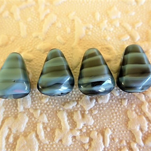 4 perles gouttes plates 13 x 6 mm en verre de venise gris bleu rayé noir