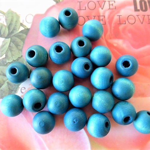 26 perles rondes en bois 10 mm bleu turquoise, style cabochon