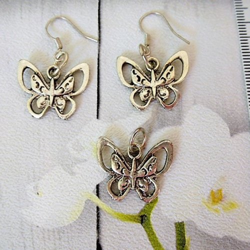Ensemble bijoux 3 pièces boucles d'oreilles et pendentif assortis modèle papillons