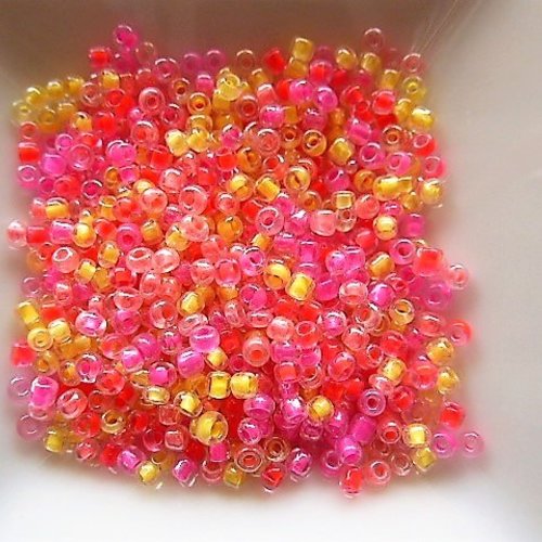 Perles de rocaille 2 mm,  couleurs mixtes jaune, rose fluo et rouge