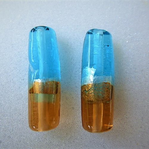 2 perles tubes murano bleu argent et topaze 31 mm