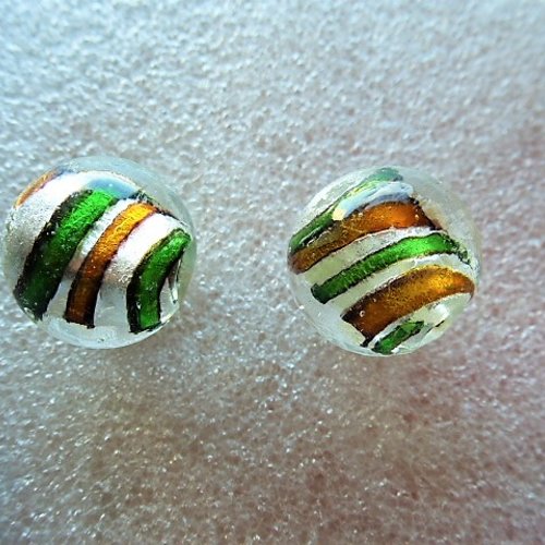 2 perles rondes verre murano 16 mm spirales argent vert et bronze