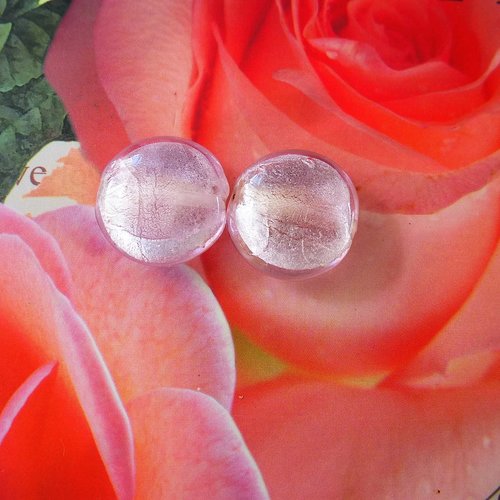 2 perles palets verre murano 20 mm galet rose transparent intérieur argenté