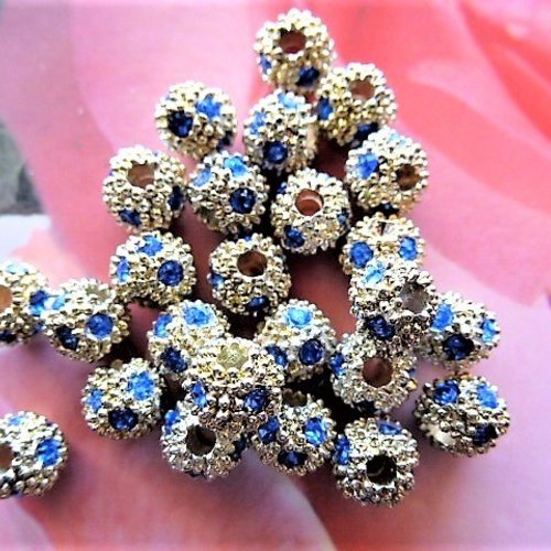 6 perles rondes 6 mm métal et strass bleus