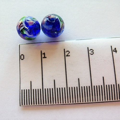 2 perles verre filé style murano bleu et multicolores 10 mm