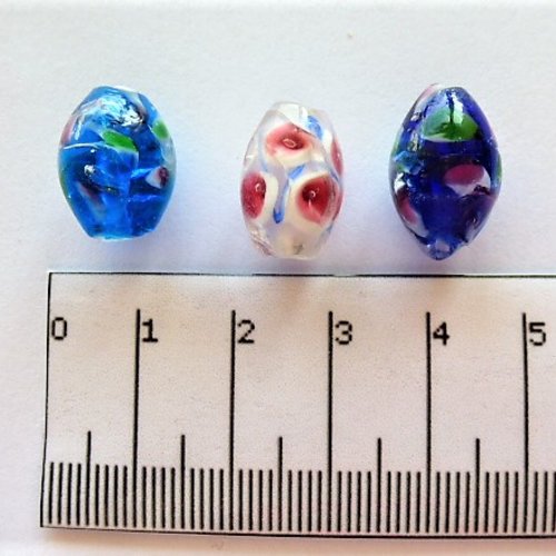 3 perles verre style murano millefiori bleu et multi couleurs formes olive de 15 à 17 mm