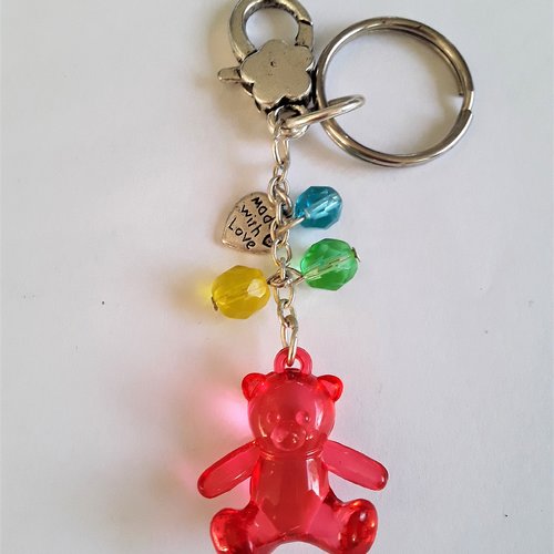 Porte clés ourson jelly rouge 8.5 cm  perles bohème couleurs mixtes