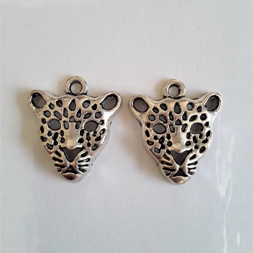 2 breloques 20 mm tête de panthère métal argenté