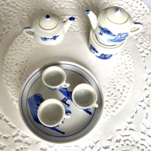 Service à thé chinois 6 pièces cérémonial complet avec réchaud en porcelaine miniatures pour maison poupées