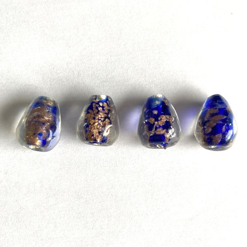 4 perles goutte verre de murano 15.5 /14.5 mm tons bleus et or