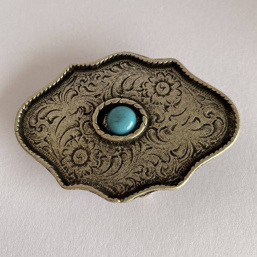 Boucle de ceinture indienne 7.5 cm x 5 cm vieil argenté pierre turquoise