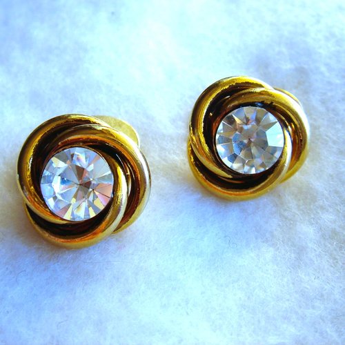 Boutons de manchettes rond 17 mm jonc doré cabochon strass forme diamant vintages gravés cr