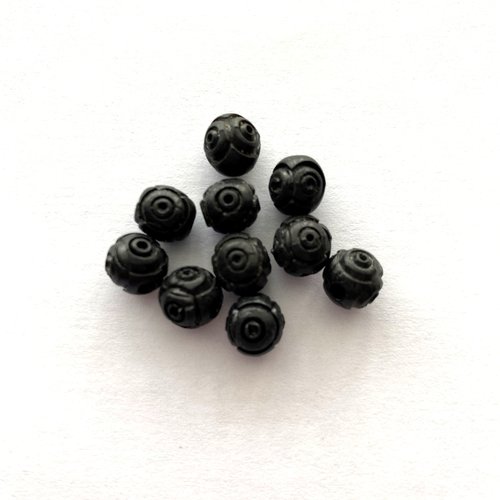 10 perles noires rondes 5 mm en bois de buis guilloché, travaillées main, fabrication ancienne