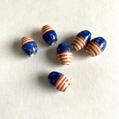 6 perles ovales céramique drapeau américain 14 x 10 mm