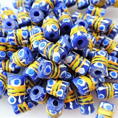 Perle tube en verre recyclé krobo bleu et jaune 12/14 mm origine ghana, faite main