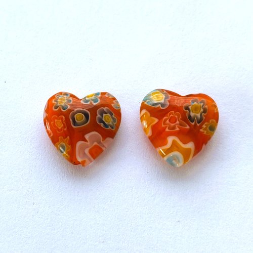 Coeurs millefiori oranges 16 mm