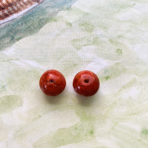 2 perles corail 12 mm gorgone naturelles rouges marbrées forme soucoupe