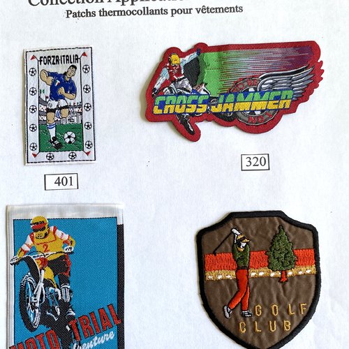 Appliques patchs écussons thermocollants voiture sports football, moto cross, trial, golf