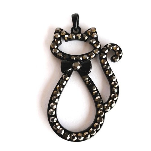 Pendentif chat 7 cm métal noir et strass