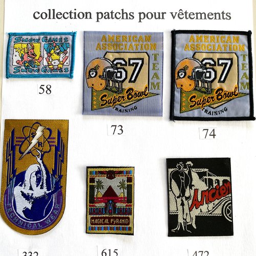 Appliques, patchs, écussons thèmes divers sports, technique, pyramide, personnage belle époque